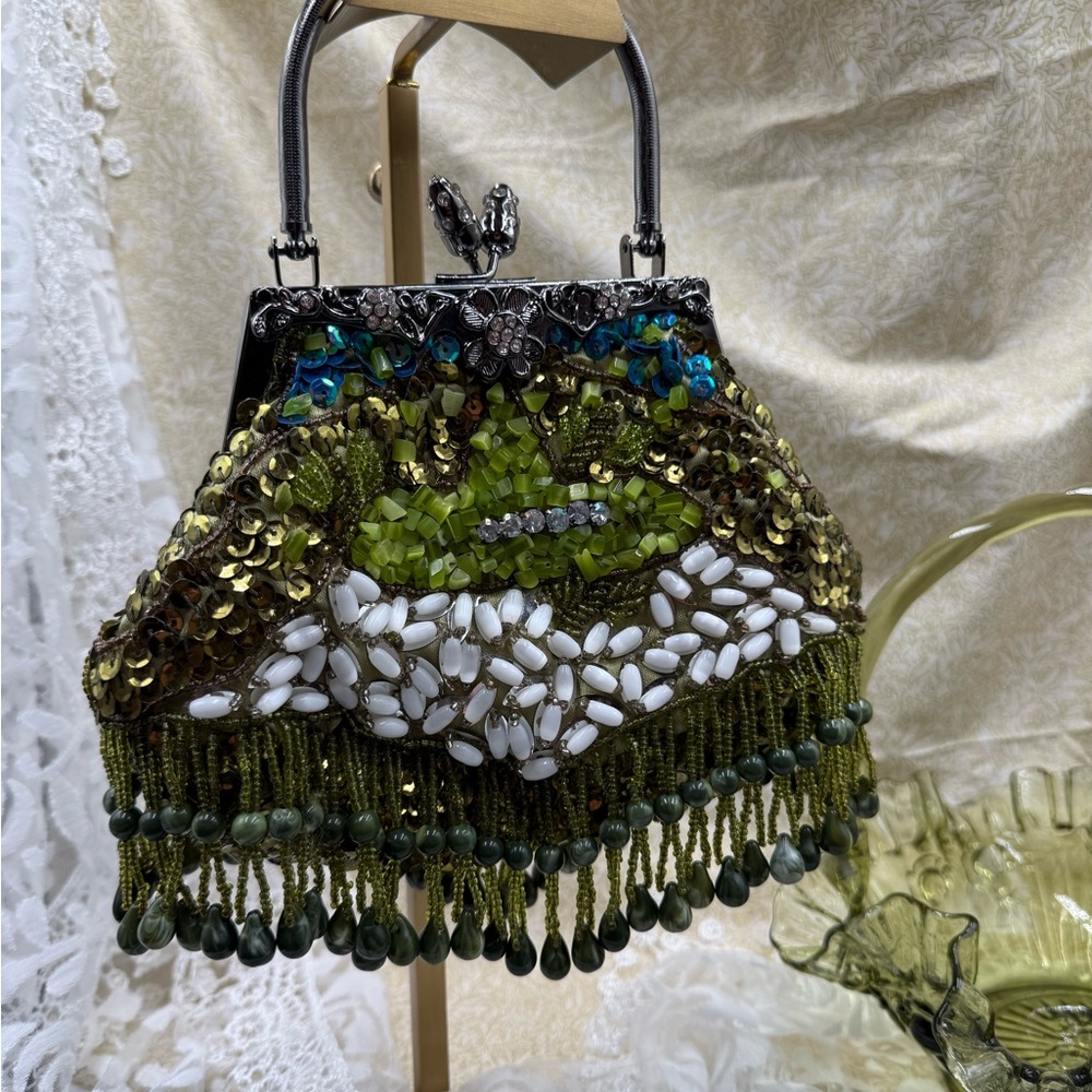 Beaded Fringe Evening Bag in Olive Green and White
